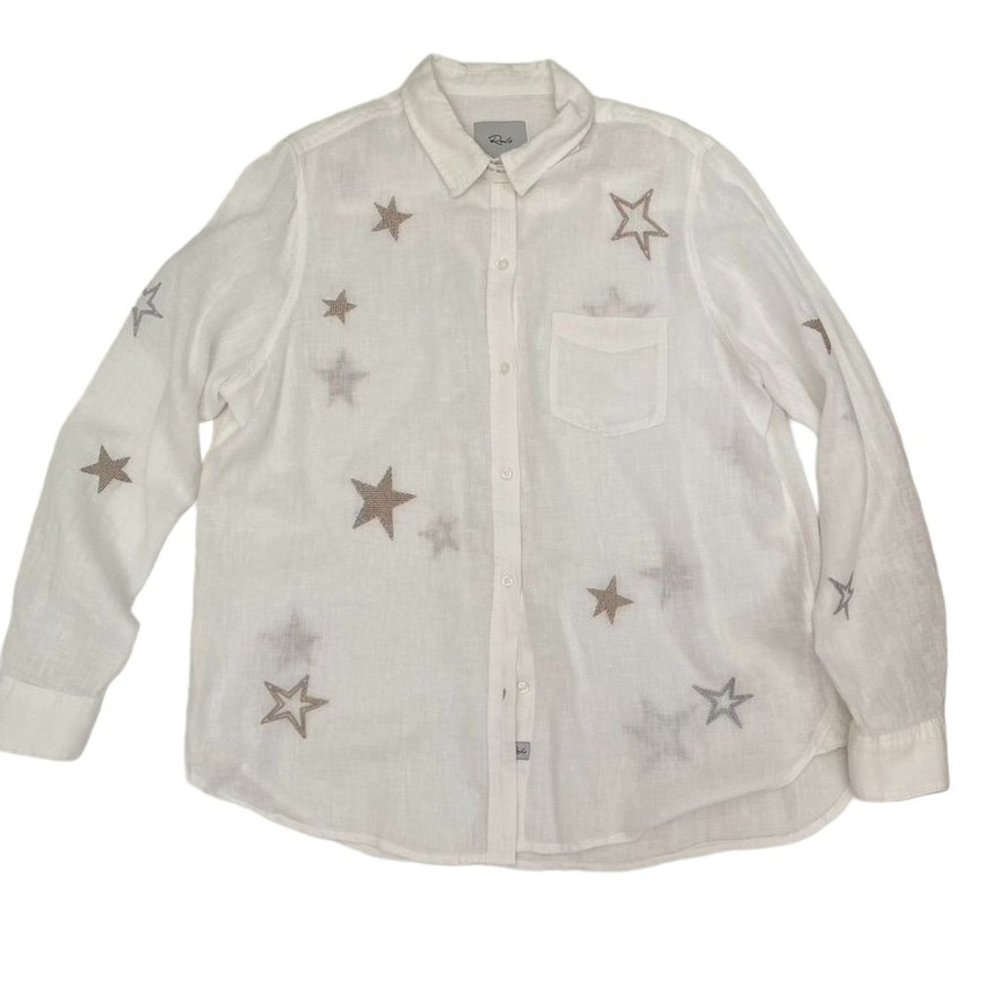 Rails Charli White Button Down Linen Rose Gold Embroidered Stars Sz Med - Picture 3 of 11